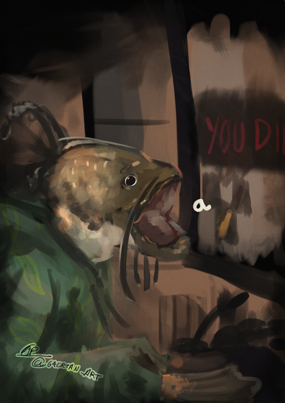 digital illustration of an anthropomorphic silurus in a green hoodie playing a game in a computer, the screen loosely reads the dark souls(game) phrase "you died", the silurus looks flabbergasted, and theres an "a" besides their open mouth