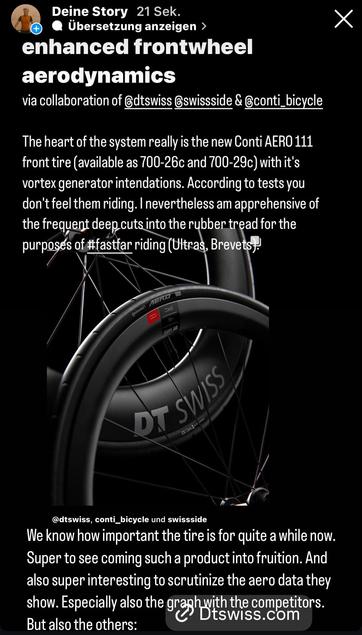 enhanced front wheel aerodynamics focusing on the new Conti AERO 111 front tire's features, with emphasis on collaboration between DT Swiss, Swiss Side, and Continental Bicycle. Image showcases a close-up of a bicycle wheel and tire with branding, Instagram story by Torsten Frank on the newly launched Aero 111 tire.