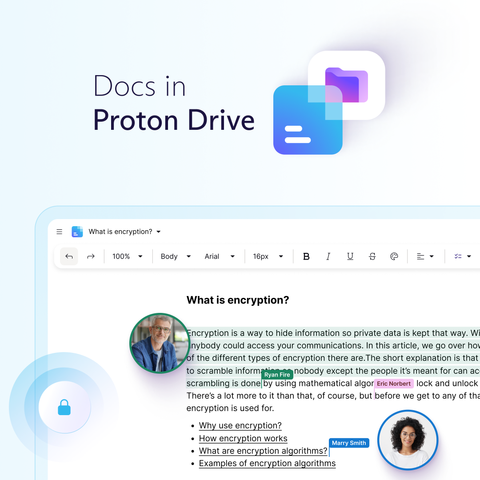 Screenshot of the Docs in Proton Drive, showing the collaboration between two people called Ryan Fire and Marry Smith on the text called "What is encryption". 