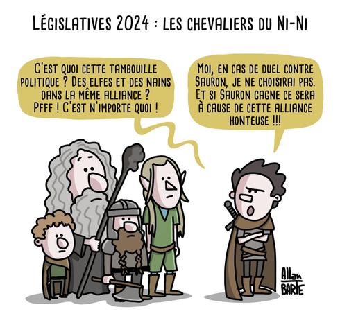 Titre : Législatives 2024 : les chevaliers du Ni-Ni

Face à Gandalf, Frodo, Gimli et Legolas, tous les quatre atterrés, un humain en arme fait part de son mécontentement :

- C’est quoi cette tambouille politique ? Des elfes et des nains dans la même alliance ? Pfff ! C’est n’importe quoi !
- Moi, en cas de duel contre Sauron, je ne choisirai pas. Et si Sauron gagne ce sera à cause de cette alliance honteuse !!!