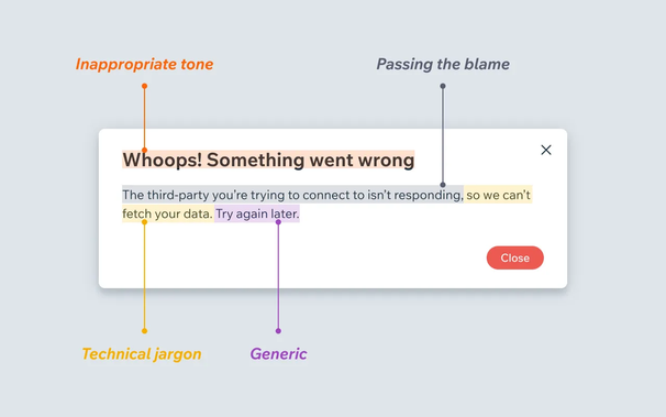 A bad error message using inappropriate tone, passing the blame to the user, speaking in tech jargon and its too generic.