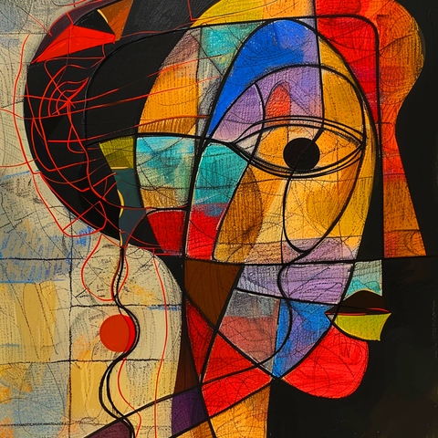 This abstract painting presents a softball player's profile through a series of intersecting lines and vibrant, geometric shapes. The face is composed of bold sections of color, including blues, reds, yellows, and oranges, with black outlines adding definition and structure. The eye is a focal point, prominently featured with a stark black circle, while the lips are highlighted in red and green. The background includes softer, grid-like patterns and a prominent red circle, suggesting a softball. The use of red lines swirling around the head adds a sense of motion and energy, evoking the dynamic nature of the sport. The overall style is modern and expressive, blending abstract forms with a hint of cubism.