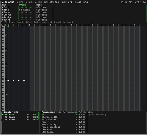 Text user interface of digital audio workstation. Largest area is taken up by a finely cross-hatched pattern.