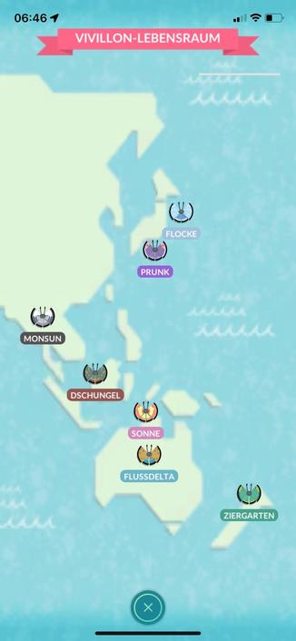 A map displaying various regions labeled with different "Vivillon"-themed names: Monsun, Dschungel, Flocke, Prunk, Sonne, Flussdelta, and Ziergarten. Each region features an icon of a butterfly.