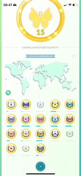 Image of a completion screen from a collection-based game. It shows a gold butterfly badge with "15" in the center, representing progress. Below is a world map labeled "Vivillon-Lebensraum" and a grid of 18 butterfly icons