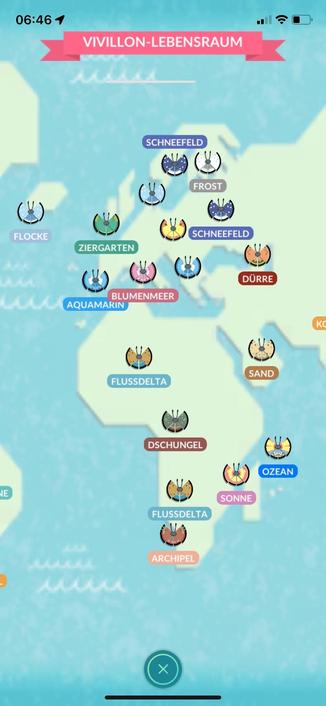 Map showing different habitats of Vivillon butterflies with names in German. Various colors and wing patterns correspond to labels like "Schneefeld," "Frost," "Dürre," "Blumenmeer," "Sonne," "Flussdelta