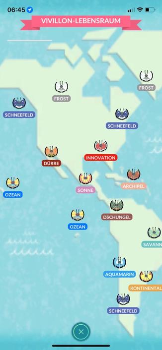 Map showing various habitats of Vivillon, with marked regions labeled in German, such as "Schneefeld," "Frost," "Innovation," "Sonne," "Ozean," among others. Different Vivillon wing patterns are displayed across