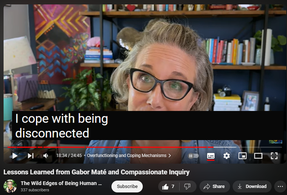 https://www.youtube.com/watch?v=bGfj9EZNd2Y
Lessons Learned from Gabor Maté and Compassionate Inquiry

451 views  29 Jun 2024  The Wild Edges of Being Human Podcast with Allison Crow
Lessons I've Learned from Gabor Maté and Compassionate Inquiry

In today's episode (which is also available as an audio podcast), I delve into lessons learned from one of my favorite teachers and approaches: Gabor Maté and Compassionate Inquiry. 

 I explore his method as a facilitator, the importance of gaining consent, his views on addiction as attempts to solve suffering, and authenticity versus attachment. Reflecting on his teachings, I discuss the impact of the “still-face experiment” and how connection to self is crucial in our healing journeys. I'll also share insights on overfunctioning as a coping mechanism and Gabor's perspective on thriving in a sick world. Join me as we reconnect with ourselves and each other.

00:00 Introduction to Gabor Maté and Compassionate Inquiry
00:45 Facilitation Techniques and Interruptions
02:37 The Role of Consent in Facilitation
03:07 Understanding Addiction and Suffering
06:56 The Still Face Experiment
10:23 Authenticity vs. Attachment
18:01 Overfunctioning and Coping Mechanisms
20:46 The Impact of a Sick World on Emotional Health
22:45 Present Moment Awareness and Self-Connection