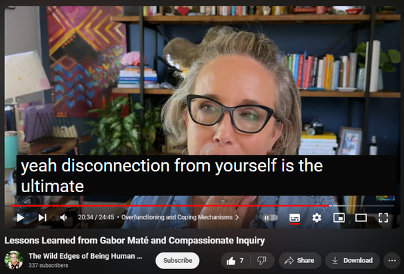 https://www.youtube.com/watch?v=bGfj9EZNd2Y
Lessons Learned from Gabor Maté and Compassionate Inquiry

451 views  29 Jun 2024  The Wild Edges of Being Human Podcast with Allison Crow
Lessons I've Learned from Gabor Maté and Compassionate Inquiry

In today's episode (which is also available as an audio podcast), I delve into lessons learned from one of my favorite teachers and approaches: Gabor Maté and Compassionate Inquiry. 

 I explore his method as a facilitator, the importance of gaining consent, his views on addiction as attempts to solve suffering, and authenticity versus attachment. Reflecting on his teachings, I discuss the impact of the “still-face experiment” and how connection to self is crucial in our healing journeys. I'll also share insights on overfunctioning as a coping mechanism and Gabor's perspective on thriving in a sick world. Join me as we reconnect with ourselves and each other.

00:00 Introduction to Gabor Maté and Compassionate Inquiry
00:45 Facilitation Techniques and Interruptions
02:37 The Role of Consent in Facilitation
03:07 Understanding Addiction and Suffering
06:56 The Still Face Experiment
10:23 Authenticity vs. Attachment
18:01 Overfunctioning and Coping Mechanisms
20:46 The Impact of a Sick World on Emotional Health
22:45 Present Moment Awareness and Self-Connection