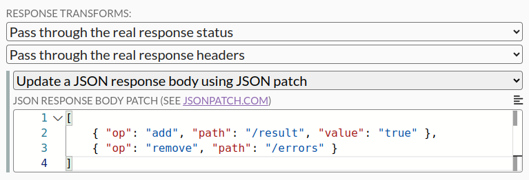 A response transform definition, showing "Update a JSON response body using JSON patch" selected, with a short list of JSON patch operations below.