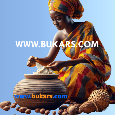 a woman adding Bukars Shea Butter to the calabash for storage. visit bukars.com for more info.