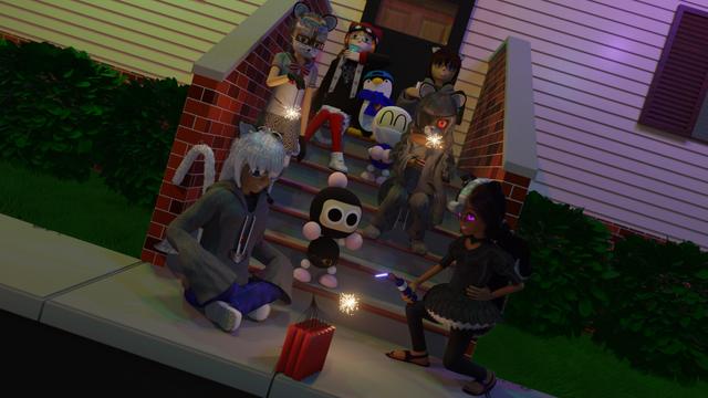 My girls and friends show off "safe" firework viewing. Chime and Belle in back enjoy some juice boxes while staring up at the sky; Jack and White standing close by; GS and Carillon play with sparklers; Kagami and Tocsin play with dynamite while Black looks on in shock.