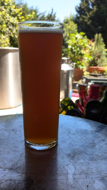 A stange glass full of copper colored liquid with pale foam on top. It's sitting on a stainless steel platform and some shiney kettles can be seen out of focus in the background