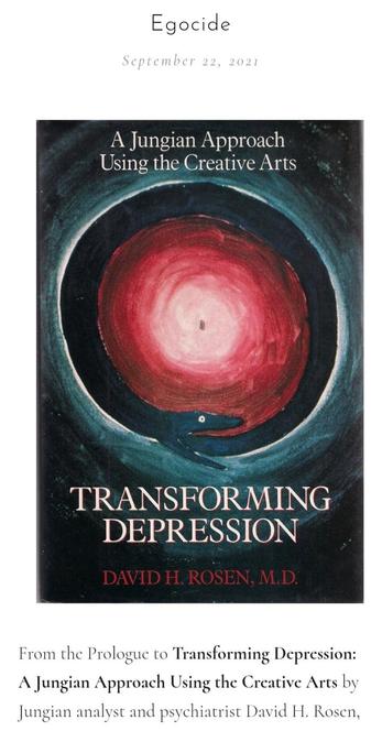 Colour; portrait orientation: A cropped screenshot from podcast Speaking of Jung's website of Dr David H. Rosen's "Transforming Depression" book cover design, which features an ouroboros.