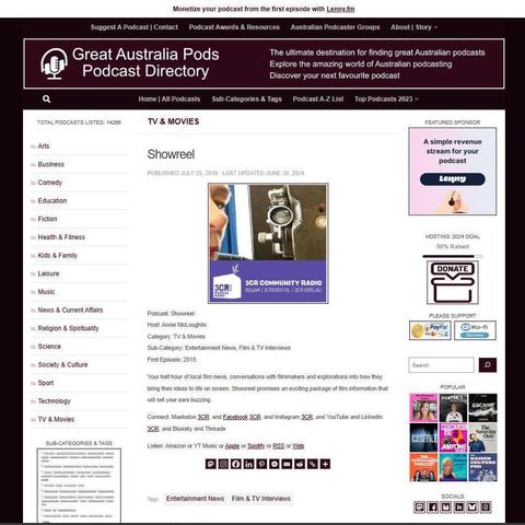Colour; square: A cropped screenshot of podcast Showreel's entry in the Great Australian Pods index.