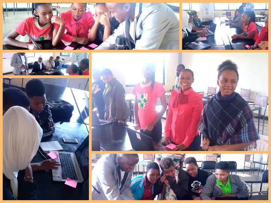 Collage aus 6 Fotos, die alle einen Raum in Arusha, Tansania zeigen. Um mehrere zusammengeschobene Tische sitzen junge Frauen mit einem Lehrer vor gespendeten Laptop. Notizblöcke und Handys liegen daneben.