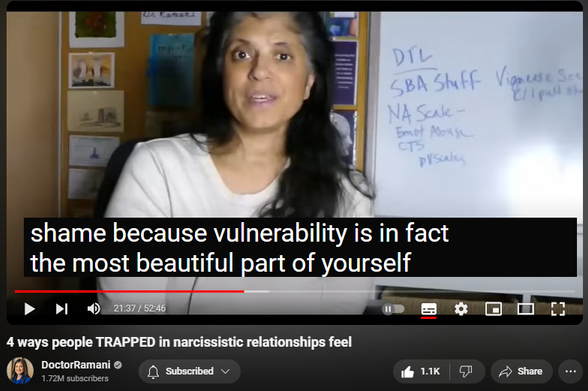 https://www.youtube.com/watch?v=5up926IgWQo
4 ways people TRAPPED in narcissistic relationships feel


 views  
4 Jul 2024
ORDER MY NYT BESTSELLING BOOK 📖 "IT'S NOT YOU"
https://smarturl.it/not-you

JOIN MY HEALING PROGRAM
https://doctor-ramani.teachable.com/p...

JOIN THE DR. RAMANI NETWORK
https://www.drramaninetwork.com

GET INFO ABOUT MY UPCOMING PROGRAM FOR THERAPISTS
https://forms.gle/1RRUz41eWswjw63o6

SIGN UP FOR MY MAILING LIST
https://forms.gle/Bv9GNuMSR55PKTjQ6