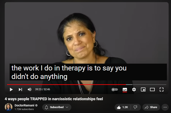 https://www.youtube.com/watch?v=5up926IgWQo
4 ways people TRAPPED in narcissistic relationships feel
 
4 Jul 2024
ORDER MY NYT BESTSELLING BOOK 📖 "IT'S NOT YOU"
https://smarturl.it/not-you

JOIN MY HEALING PROGRAM
https://doctor-ramani.teachable.com/p...

JOIN THE DR. RAMANI NETWORK
https://www.drramaninetwork.com

GET INFO ABOUT MY UPCOMING PROGRAM FOR THERAPISTS
https://forms.gle/1RRUz41eWswjw63o6