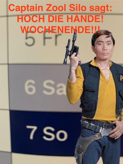 A person dressed in a sci-fi style costume is holding a weapon. The background consists of a calendar showing days of the week, and there is text in German that reads: 