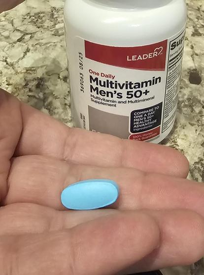 These men's 50+ multivitamins are blue, which appears to be a direct reference to Viagara, commonly taken by old men, which are also blue pill. 