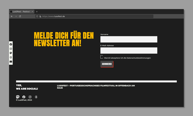 It is a screenshot of the lusofest.de website , mostly designed in black, showing a form for a newsletter subscription.