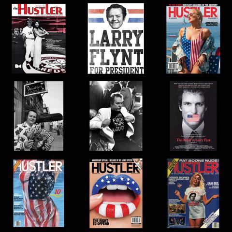 A grid of nine images on black, relating to Hustler magazine and it's publisher, Larry Flynt, as follows:

1. "The Hustler", a precursor to the magazine, dated Sep. '73, cover photo of Cincinnati Red baseball player, Pete Rose.

2. A "Larry Flynt for President" poster.

3. 48th Anniversary, 2022. A blonde in a U.S. flag swimsuit & flag tinted sunglasses leans against a rail in the sun, the Statue of Liberty visible in background.

4. L.F. posing with 3 copies of his 1st issue on a city street outside one of his Hustler nightclubs.

5. L.F. in his wheelchair, holding open his suit jacket to reveal a t-shirt with "FUCK THIS COURT" on it.

6. A poster for Milos Foreman's "The People Versus Larry Flynt." Star, Woody Harrelson in b&w gagged with a full-color U.S. flag as duct tape. "You may not like what he does, but are you prepared to give up his right to do it?"

7. July '84, 10th Anniversary HUSTLER. A nude female torso, standing poolside, is draped with a U.S. flag of thin fabric, saturated and slightly see-through. 

8. 2015 Anniversary issue, a close-up of a purposefully open mouth, tips of teeth & surface of tongue visible, top lip painted flag blue with white stars, lower lip is vertically striped in red and white, a French manicured finger seductively resting in the corner of the lower lip.

9. Jan. '84, buxom blonde woman in white "Larry Flynt for President" t-shirt & U.S. flag bandana headband waves a small flag in a celebratory fashion.