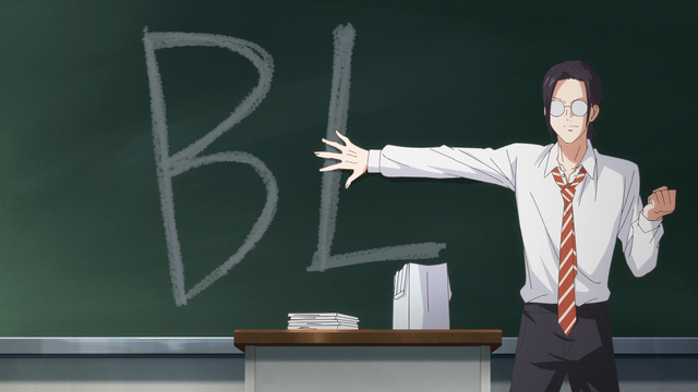 A character standing in front of a blackboard with one hand in a fist and the other slapping the blackboard where a large BL is written
