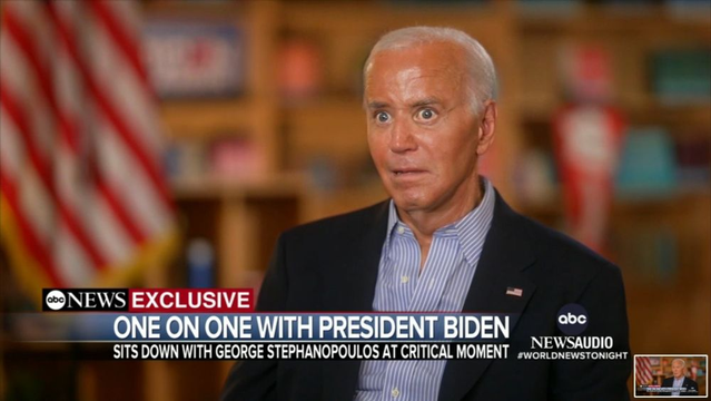 Screenshot of interview with Biden. He is wearing spray tan and has crazy eyes.