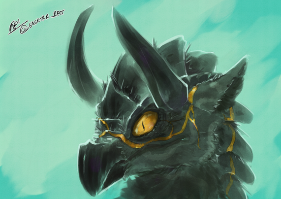 digital illustration, a portrait of a furred,beaked black dragon with kintsugi-like patterns(gold engravings) and gold eyes, on a teal abstract enviroment