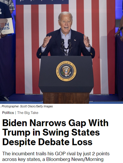 Image of Biden at Podium, Speaking Passionately

"Biden Narrows Gap With Trump in Swing States Despite Debate Loss"

"The incumbent trails his GOP rival by just 2 points across key states"