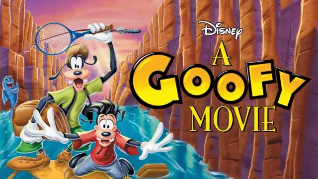 Wide poster for Disney's 1995 animated film "A Goofy Movie" showing Goofy and Max on a raft, careening down a river in a Stony gorge.