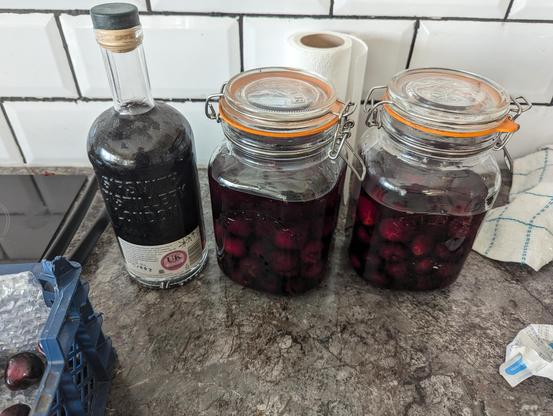 Two kilner jars 2/3rd full of cherries and brandy and a bottle of last year's cherry brandy. 