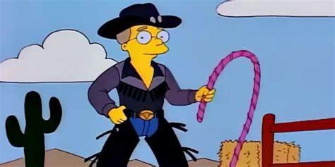 waylon smithers from the simpsons dressed as a cowboy wielding a licorice whip in a brief parody of devo’s “whip it”