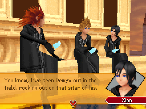 screenshot from Kingdom Hearts 358/2 Days on the Nintendo DS.

Axel, Roxas, and Xion are all sitting atop a clock tower at sunset. Xion is saying 