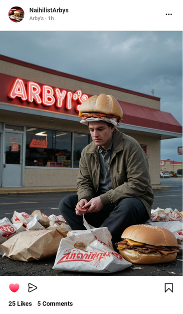The fleeting taste of roast beef cannot mask the void of existence. Enjoy Arby's."
