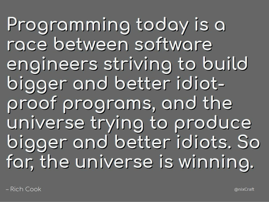 Programming today is a race between software engineers striving to build bigger and better idiot-proof programs, and the universe trying to produce bigger and better idiots. So far, the universe is winning. - Rich Cook
