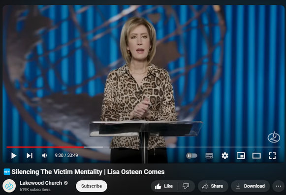 https://www.youtube.com/watch?v=5iCKQCUpPm4

7,035 views  Premiered on 4 Jul 2024  #LakewoodChurch #Worship #Hope
When the enemy roars, roar right back. Lisa Osteen Comes delivers what you need to mute the lies that try to keep you captive in this powerful premiere message, Silencing the Victim Mentality.