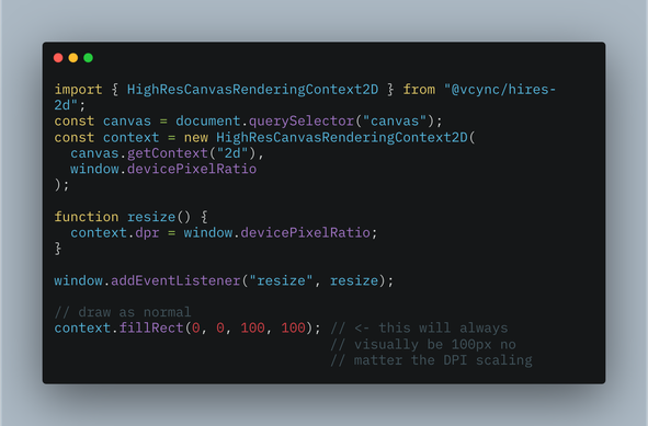 A screenshot of a window showing example code for Hi-Res Canvas2D. This code is also found in the README of the GitHub project.