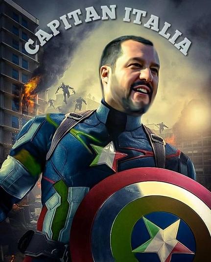 Vecchia propaganda della Lega: quel nostro politico oggi ministro a qualcosa, Ministro alla Costruzione mi sembra, in veste di supereroe Capian Italia.
