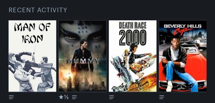 4 Film Plakate: 

- Man of Iron
- The Mummy
- Death Race 2000 
- Beverly Hills Cop