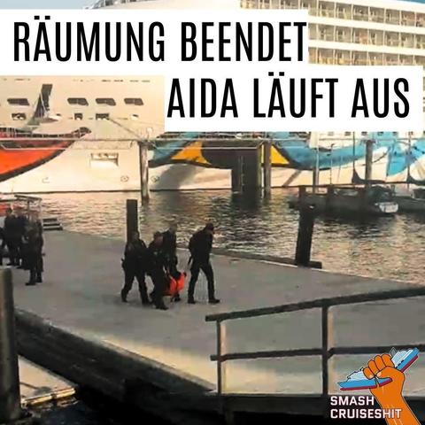 Im Hintergrund fährt ein Kreuzfahrtschiff vorbei, während im Vordergrund auf einem Steg Menschen von Polizis*innen geräumt werden.