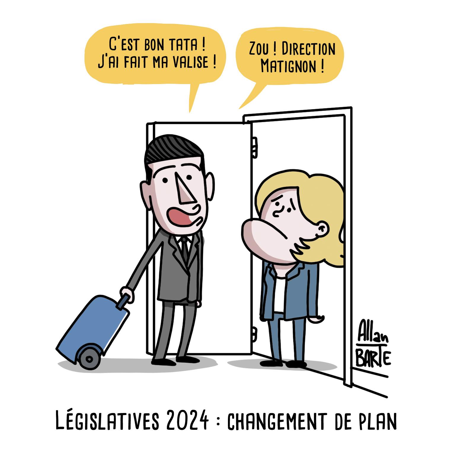 Bardella, tout sourire, valise à la main, arrive à la porte de Marine Le Pen, dépitée.
- C’est bon tata ! J’ai fait ma valise !- Zou ! Direction Matignon !
Titre : Législatives 2024 : changement de plan