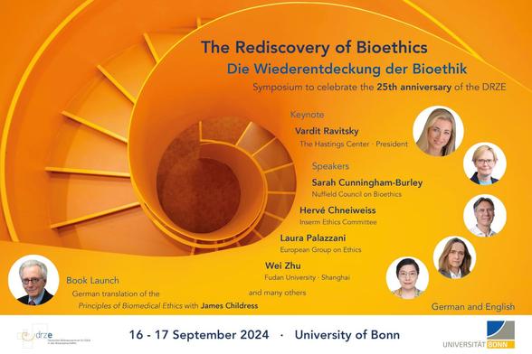 Bild mit dem Konferenztitel „The Rediscovery of Bioethics – Die Wiederentdeckung der Bioethik – Symposium to celebrate the 25th anniversary of the DRZE“ (c) DRZE unter Verwendung eines Bildes von Unsplash.com/Rolf Hecken