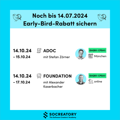 Early-Bird-Rabatt sichern bis 14.07.2024. Veranstaltungen:

	1.	ADOC mit Stefan Zörner vom 14.10.24 bis 15.10.24 in München.
	2.	FOUNDATION mit Alexander Kaserbacher vom 14.10.24 bis 17.10.24 online.