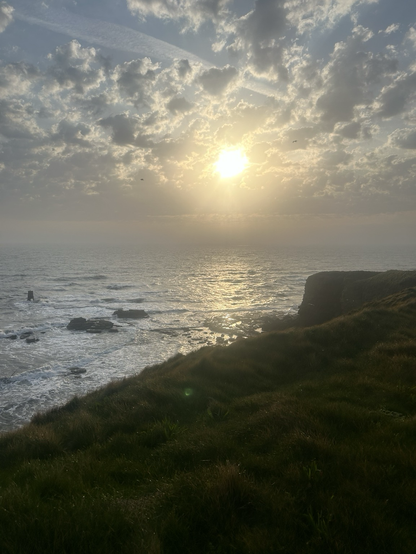 Coastal sunrise with choppy waves and grassy cliffs