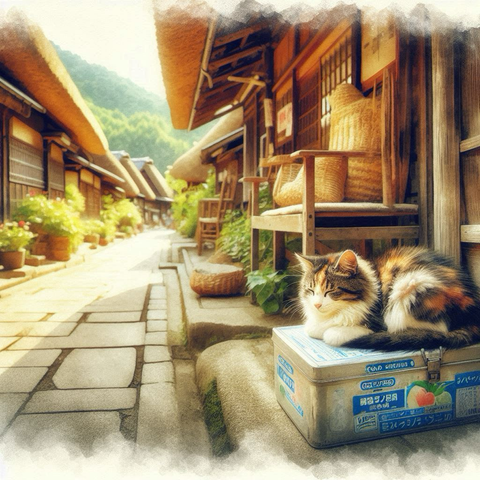 夏の暑い昼間。強い日差しを避けて、日陰の縁側にあった冷たいお菓子のアルミ箱の上にて休む三毛猫の子猫。
