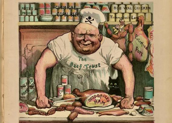 1906 cartoon - Butcher labeled "The Beef Trust" standing behind a counter in a butcher shop, around him are meat products labeled "Potted Poison, Chemical Corn Beef, Bob Veal Chicken, Tuberculosis Lard, Decayed Roast Beef, Deodorized Ham, Embalmed Sausages, Putrefied Pork"