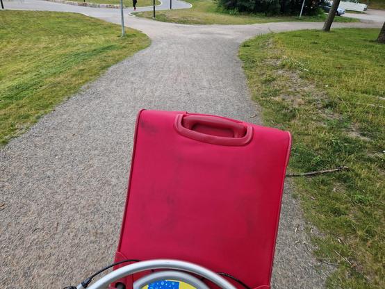 Cycling with a red suitcase balanced in a CityBike basket. 