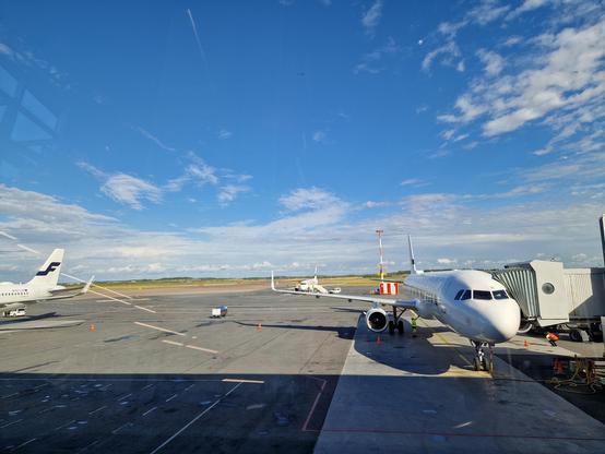 A Finnair aeroplane seen from the terminal. 