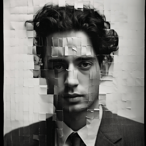 Photo en patchwork noir et blanc du visage d'un homme. Image de Gil Gershoni.